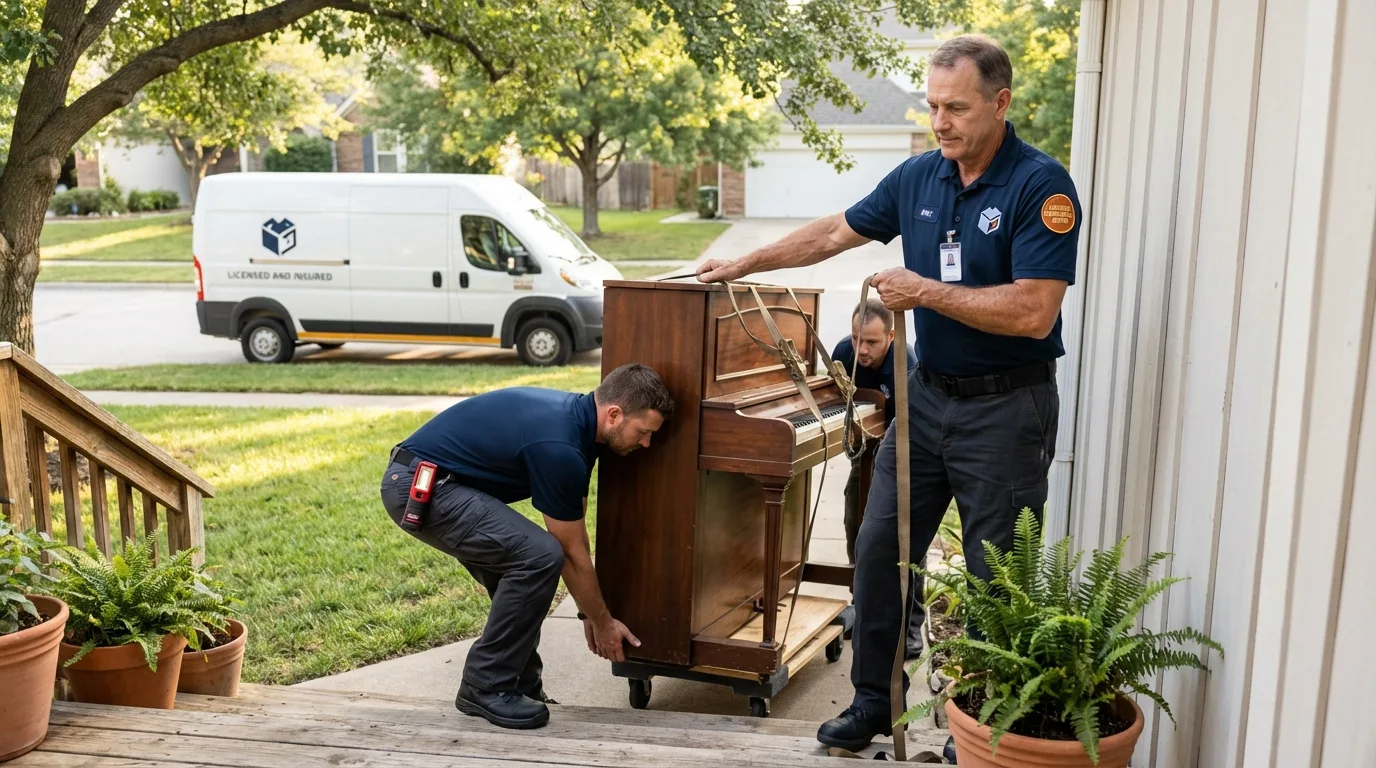 Licensed piano movers securing grand piano in Roselle Park, NJ