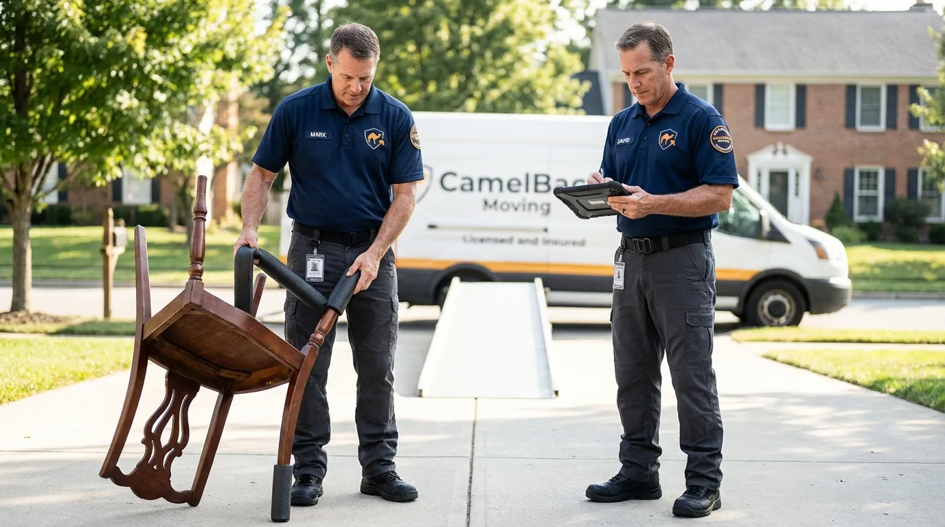 Movers inspecting furniture for damage prevention before loading in Roselle Park, NJ