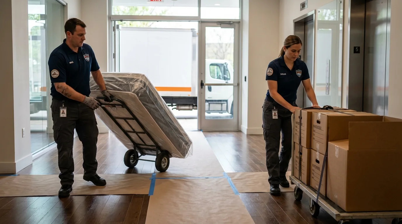 Professional apartment movers loading elevator in Roselle Park, NJ